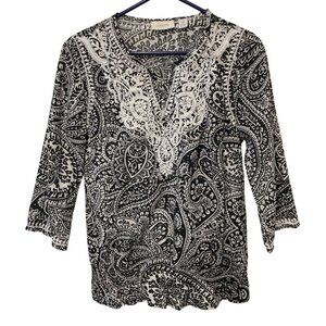 Chicos Black & White Paisley 3/4 Sleeve Top Sz M Timeless Relaxed